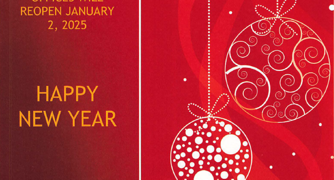 Red background with sparkling holiday ornament and text that reads Happy New Year